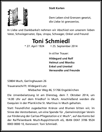 Anzeige von Toni Schmiedl von Kölner Stadt-Anzeiger / Kölnische Rundschau / Express