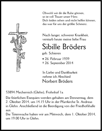 Anzeige von Sibille Bröders von Kölner Stadt-Anzeiger / Kölnische Rundschau / Express