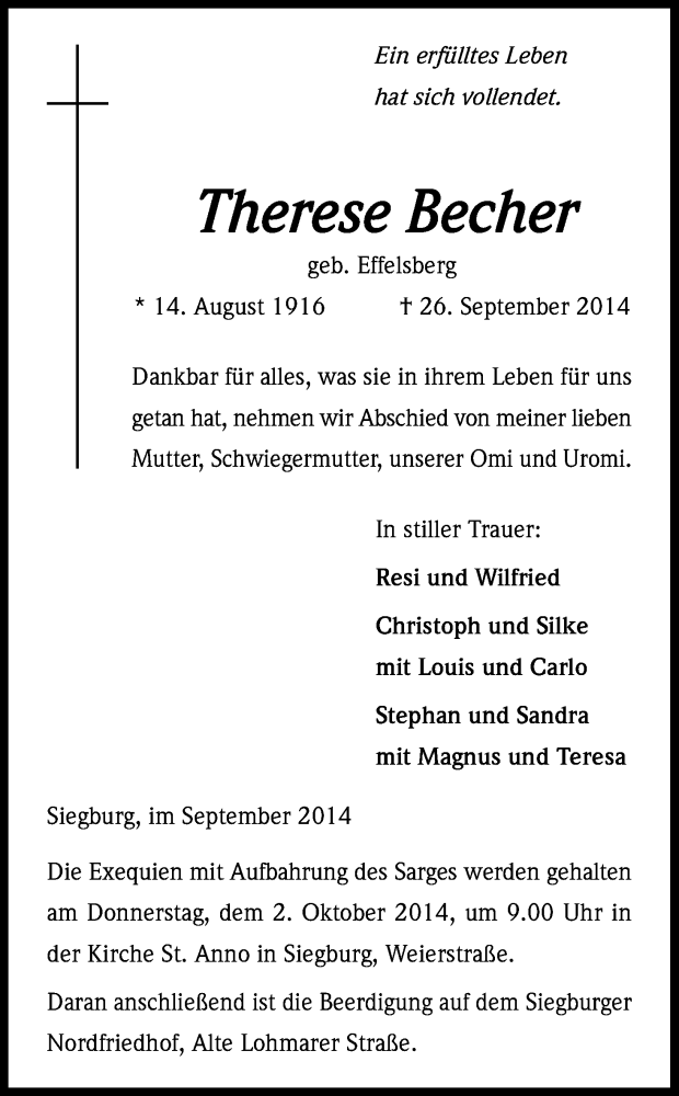  Traueranzeige für Therese Becher vom 30.09.2014 aus Kölner Stadt-Anzeiger / Kölnische Rundschau / Express