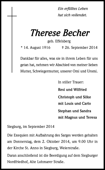 Anzeige von Therese Becher von Kölner Stadt-Anzeiger / Kölnische Rundschau / Express