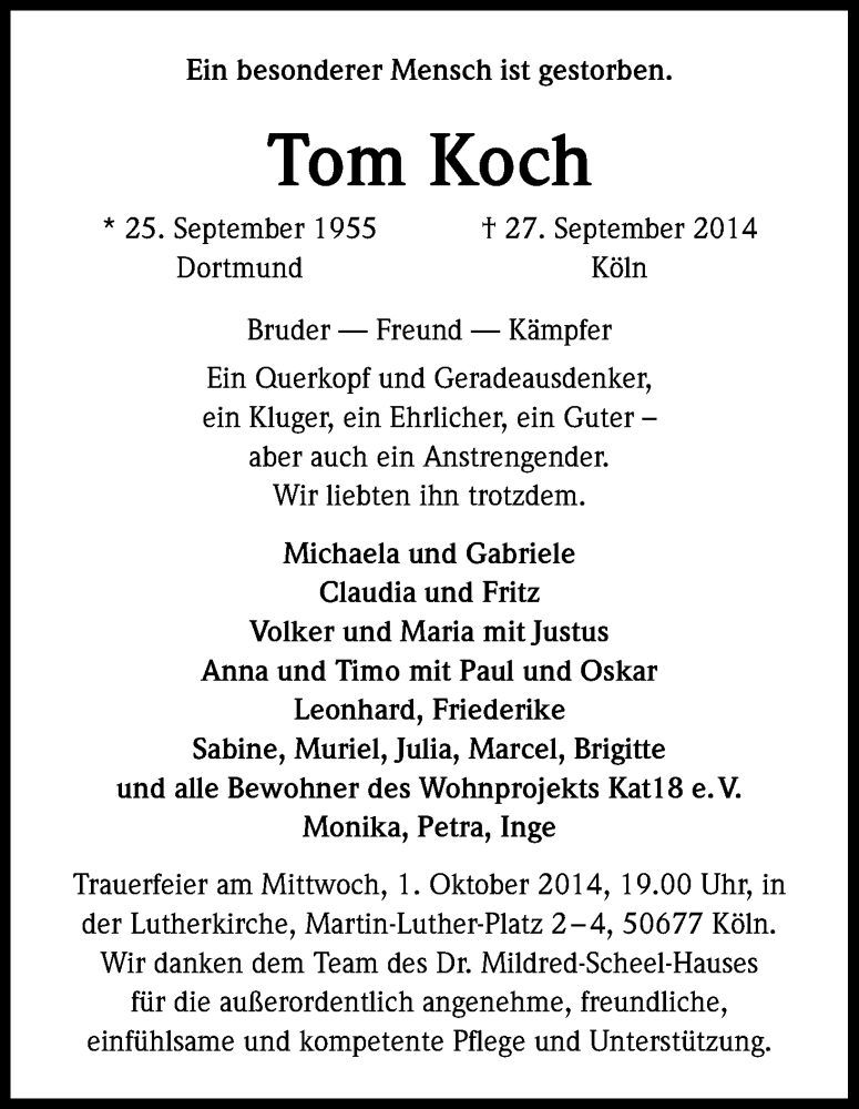  Traueranzeige für Tom Koch vom 30.09.2014 aus Kölner Stadt-Anzeiger / Kölnische Rundschau / Express