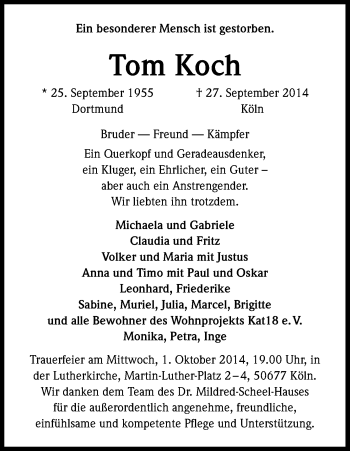 Anzeige von Tom Koch von Kölner Stadt-Anzeiger / Kölnische Rundschau / Express