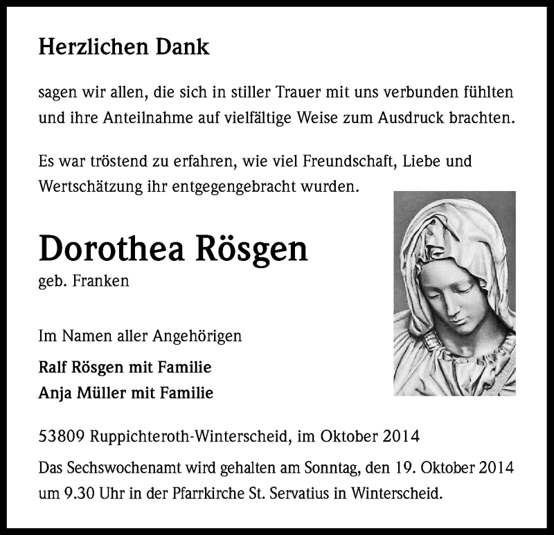  Traueranzeige für Dorothea Rösgen vom 11.10.2014 aus Kölner Stadt-Anzeiger / Kölnische Rundschau / Express