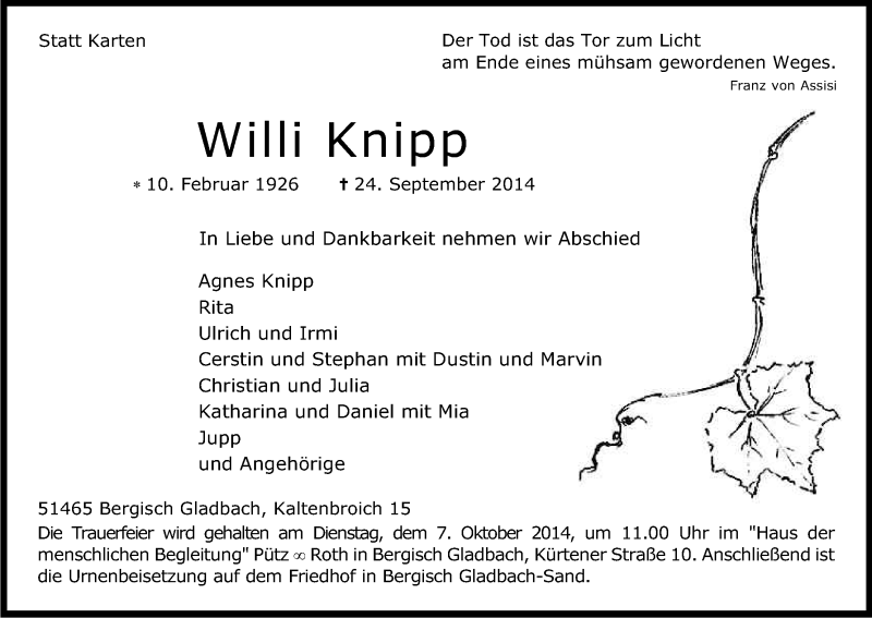 Traueranzeige für Willi Knipp vom 01.10.2014 aus Kölner Stadt-Anzeiger / Kölnische Rundschau / Express