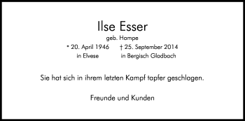 Anzeige von Ilse Esser von Kölner Stadt-Anzeiger / Kölnische Rundschau / Express