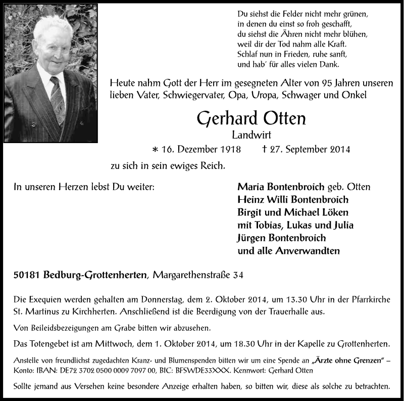  Traueranzeige für Gerhard Otten vom 30.09.2014 aus Kölner Stadt-Anzeiger / Kölnische Rundschau / Express