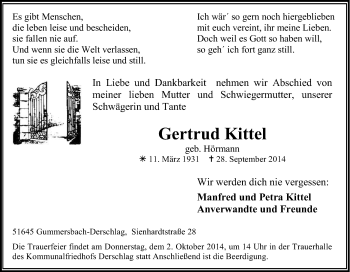 Anzeige von Gertrud Kittel von Kölner Stadt-Anzeiger / Kölnische Rundschau / Express