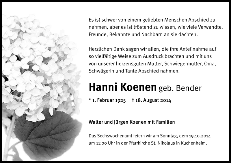  Traueranzeige für Hanni Koenen vom 04.10.2014 aus Kölner Stadt-Anzeiger / Kölnische Rundschau / Express