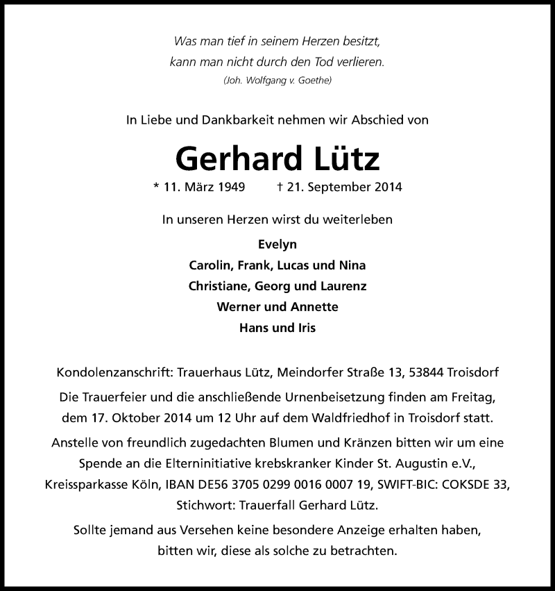  Traueranzeige für Gerhard Lütz vom 01.10.2014 aus Kölner Stadt-Anzeiger / Kölnische Rundschau / Express