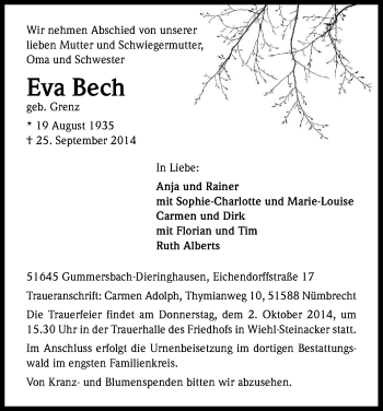 Anzeige von Eva Bech von Kölner Stadt-Anzeiger / Kölnische Rundschau / Express