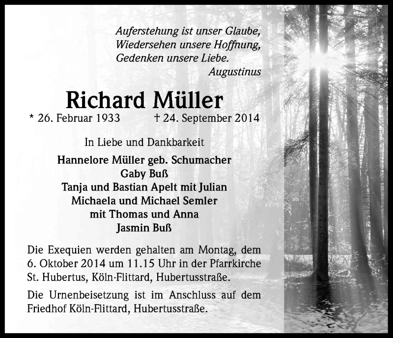  Traueranzeige für Richard Müller vom 01.10.2014 aus Kölner Stadt-Anzeiger / Kölnische Rundschau / Express