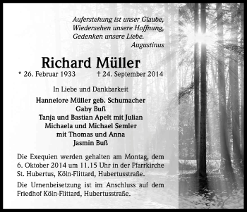 Anzeige von Richard Müller von Kölner Stadt-Anzeiger / Kölnische Rundschau / Express