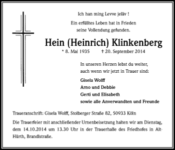 Anzeige von Heinrich Klinkenberg von Kölner Stadt-Anzeiger / Kölnische Rundschau / Express