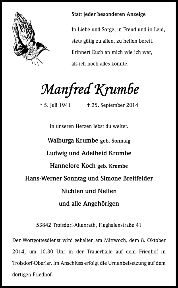  Traueranzeige für Manfred Krumbe vom 04.10.2014 aus Kölner Stadt-Anzeiger / Kölnische Rundschau / Express