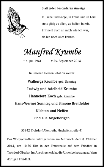 Anzeige von Manfred Krumbe von Kölner Stadt-Anzeiger / Kölnische Rundschau / Express