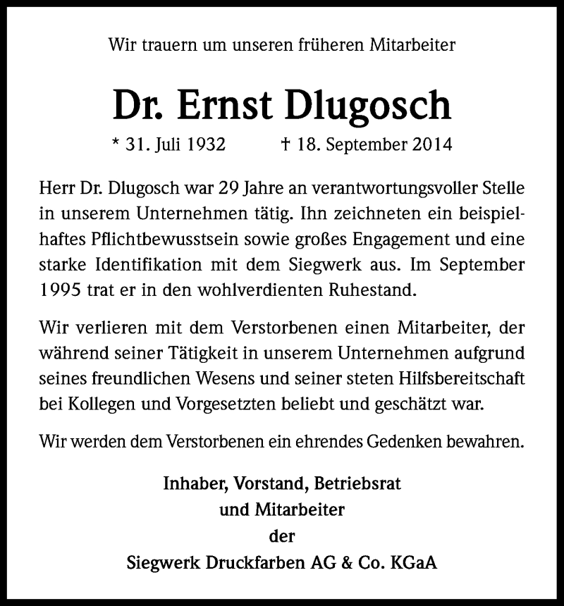  Traueranzeige für Ernst Dlugosch vom 30.09.2014 aus Kölner Stadt-Anzeiger / Kölnische Rundschau / Express