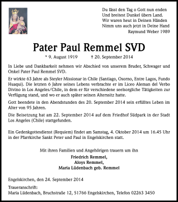 Anzeige von Pater Paul Remmel von Kölner Stadt-Anzeiger / Kölnische Rundschau / Express