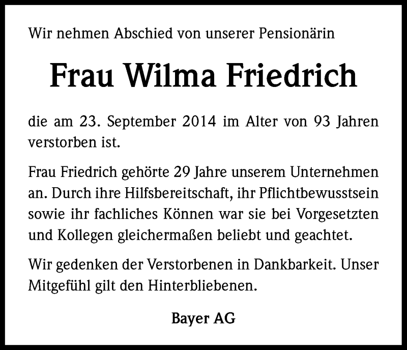  Traueranzeige für Wilma Friedrich vom 30.09.2014 aus Kölner Stadt-Anzeiger / Kölnische Rundschau / Express