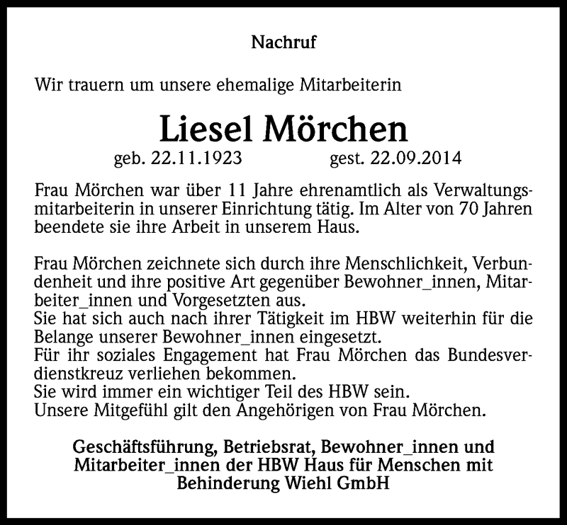 Traueranzeige für Liesel Mörchen vom 30.09.2014 aus Kölner Stadt-Anzeiger / Kölnische Rundschau / Express