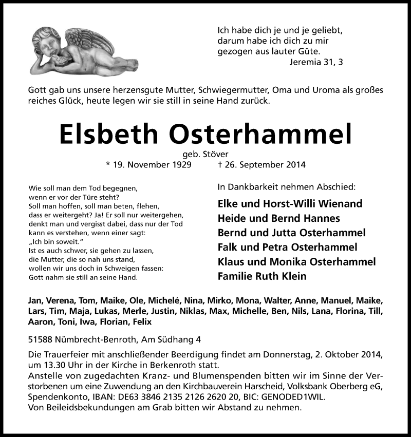  Traueranzeige für Elsbeth Osterhammel vom 30.09.2014 aus Kölner Stadt-Anzeiger / Kölnische Rundschau / Express