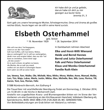 Anzeige von Elsbeth Osterhammel von Kölner Stadt-Anzeiger / Kölnische Rundschau / Express