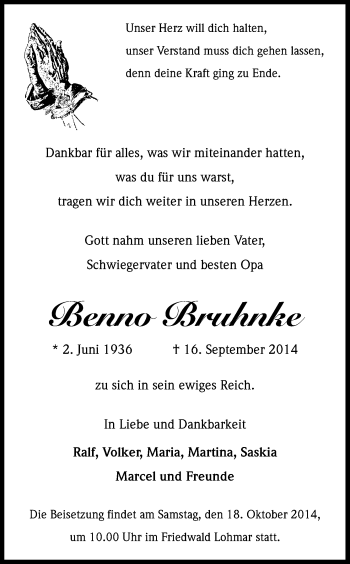 Anzeige von Benno Bruhnke von Kölner Stadt-Anzeiger / Kölnische Rundschau / Express