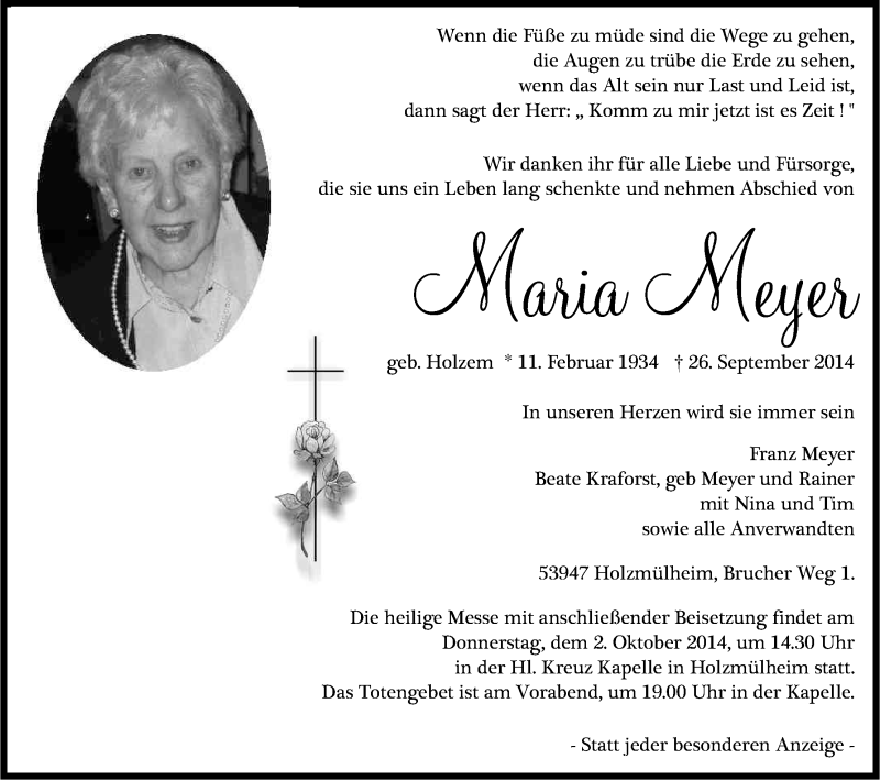  Traueranzeige für Maria Meyer vom 30.09.2014 aus Kölner Stadt-Anzeiger / Kölnische Rundschau / Express
