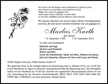 Anzeige von Marlies Kurth von Kölner Stadt-Anzeiger / Kölnische Rundschau / Express