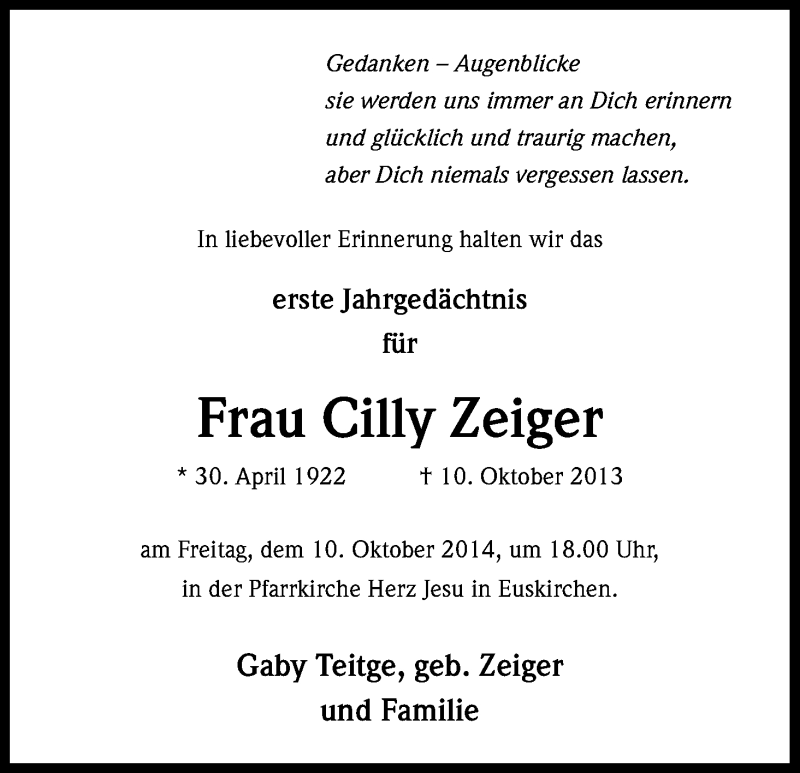  Traueranzeige für Cilly Zeiger vom 04.10.2014 aus Kölner Stadt-Anzeiger / Kölnische Rundschau / Express