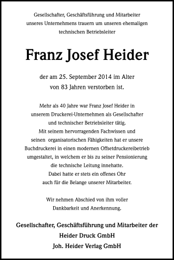 Anzeige von Franz Josef Heider von Kölner Stadt-Anzeiger / Kölnische Rundschau / Express