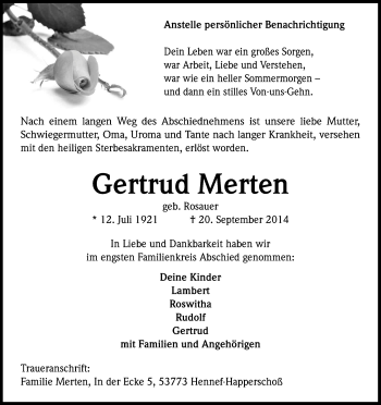 Anzeige von Gertrud Merten von Kölner Stadt-Anzeiger / Kölnische Rundschau / Express