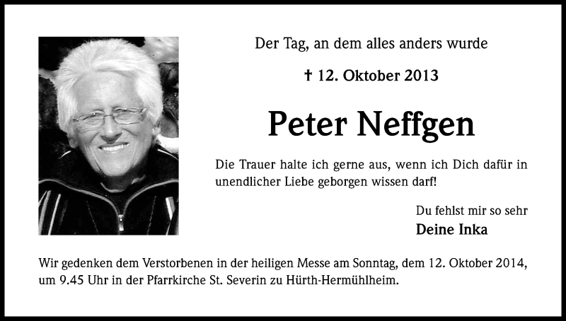  Traueranzeige für Peter Neffgen vom 04.10.2014 aus Kölner Stadt-Anzeiger / Kölnische Rundschau / Express