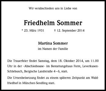 Anzeige von Friedhelm Sommer von Kölner Stadt-Anzeiger / Kölnische Rundschau / Express