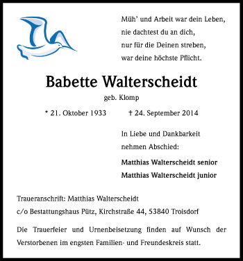 Anzeige von Babette Walterscheidt von Kölner Stadt-Anzeiger / Kölnische Rundschau / Express