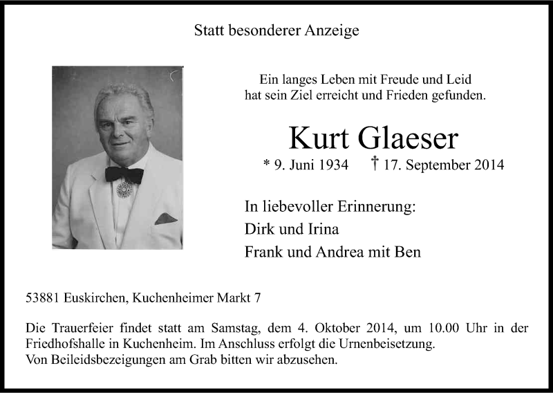  Traueranzeige für Kurt Glaeser vom 30.09.2014 aus Kölner Stadt-Anzeiger / Kölnische Rundschau / Express