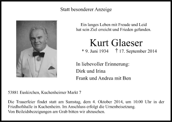 Anzeige von Kurt Glaeser von Kölner Stadt-Anzeiger / Kölnische Rundschau / Express