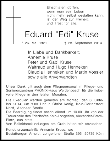Anzeige von Eduard Kruse von Kölner Stadt-Anzeiger / Kölnische Rundschau / Express