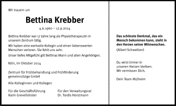 Anzeige von Bettina Krebber von Kölner Stadt-Anzeiger / Kölnische Rundschau / Express