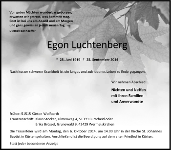 Anzeige von Egon Luchtenberg von Kölner Stadt-Anzeiger / Kölnische Rundschau / Express