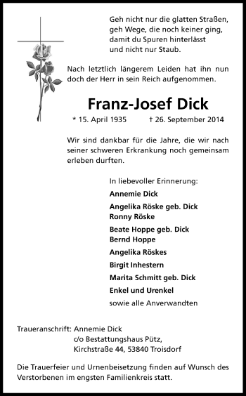 Anzeige von Franz-Josef Dick von Kölner Stadt-Anzeiger / Kölnische Rundschau / Express