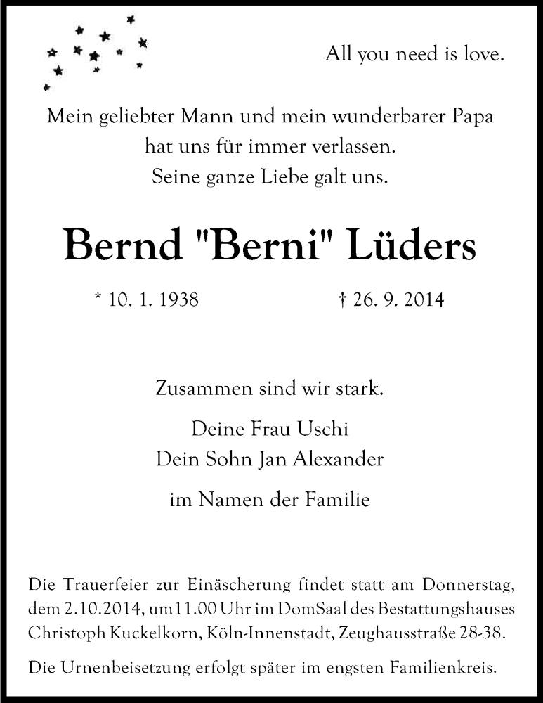  Traueranzeige für Bernd Lüders vom 01.10.2014 aus Kölner Stadt-Anzeiger / Kölnische Rundschau / Express