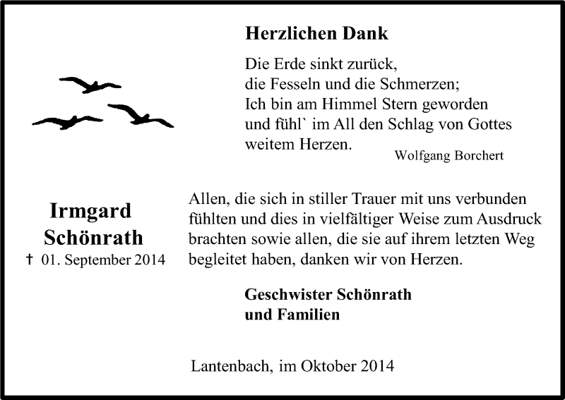  Traueranzeige für Irmgard Schönrath vom 04.10.2014 aus Kölner Stadt-Anzeiger / Kölnische Rundschau / Express