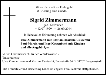 Anzeige von Sigrid Zimmermann von Kölner Stadt-Anzeiger / Kölnische Rundschau / Express