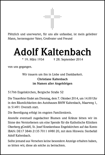 Anzeige von Adolf Kaltenbach von Kölner Stadt-Anzeiger / Kölnische Rundschau / Express