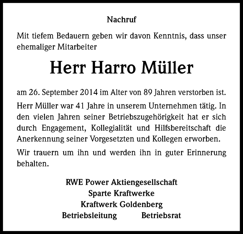  Traueranzeige für Harro Müller vom 01.10.2014 aus Kölner Stadt-Anzeiger / Kölnische Rundschau / Express