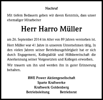 Anzeige von Harro Müller von Kölner Stadt-Anzeiger / Kölnische Rundschau / Express