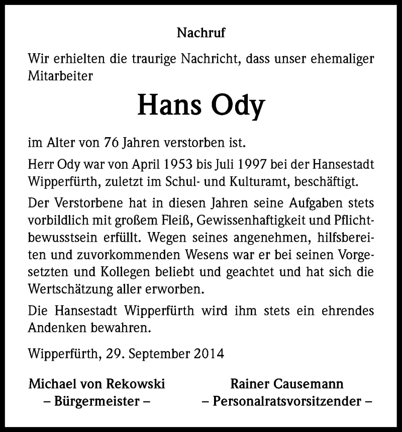  Traueranzeige für Hans Ody vom 01.10.2014 aus Kölner Stadt-Anzeiger / Kölnische Rundschau / Express