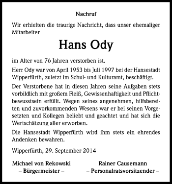 Anzeige von Hans Ody von Kölner Stadt-Anzeiger / Kölnische Rundschau / Express