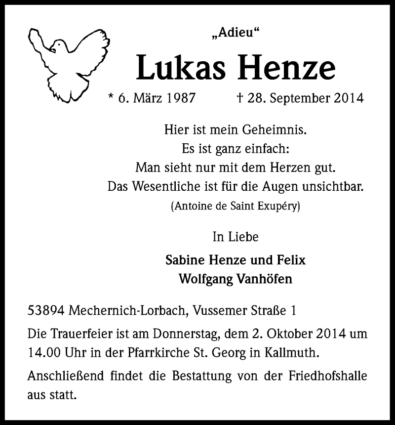  Traueranzeige für Lukas Henze vom 01.10.2014 aus Kölner Stadt-Anzeiger / Kölnische Rundschau / Express