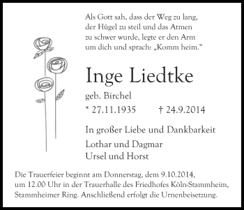 Anzeige von Inge Liedtke von Kölner Stadt-Anzeiger / Kölnische Rundschau / Express